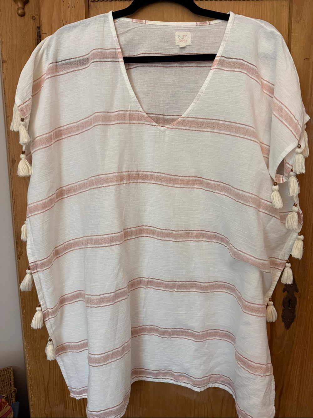 Surf Gypsy White & Blush Tassel-Trim Striped Swim Coverup
